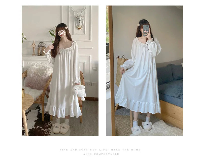 Spring Autumn Women's Sleepwear Night Dress Cotton Mesh Long Sleeve Home Wear Clothes Ladies Night Sleep Shirts Nightgown Woman