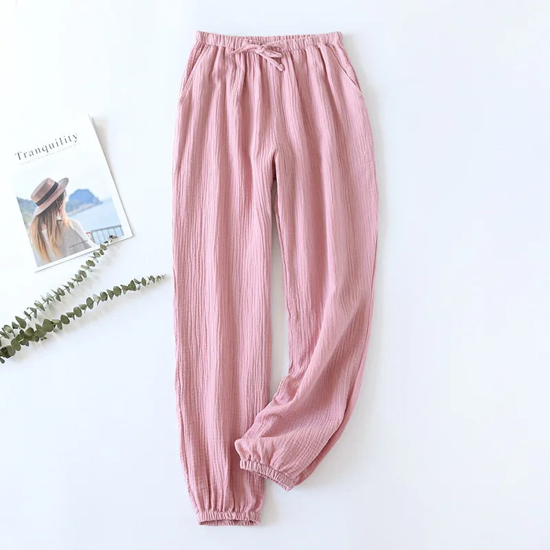 100% Cotton Pajamas Sleep Bottoms Spring Women's Loose Leggings New Casual Slim Home Pants Elastic Waist Solid Thin Sleepwear