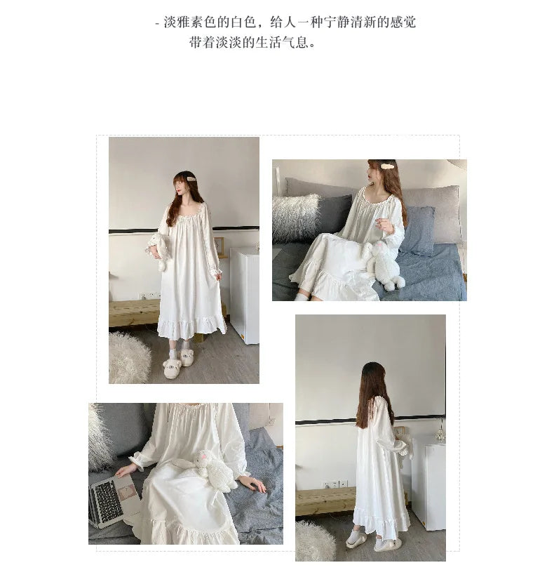 Spring Autumn Women's Sleepwear Night Dress Cotton Mesh Long Sleeve Home Wear Clothes Ladies Night Sleep Shirts Nightgown Woman