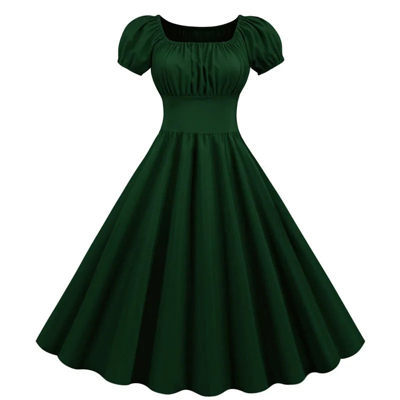 Women Vintage Dress Robe Elegant Party  Casual Office Midi Dress Femme Summer Puff Sleeve Square Collar Solid Red