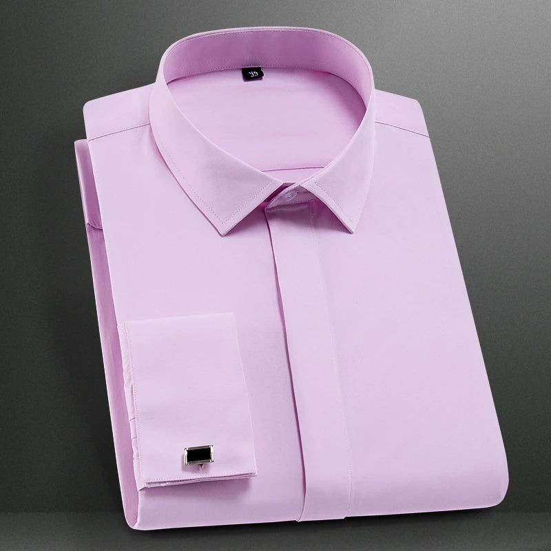 Lynett Lamar Men's French Cuff Tuxedo Dress Shirt — Covered Placket Long Sleeve with Cufflinks