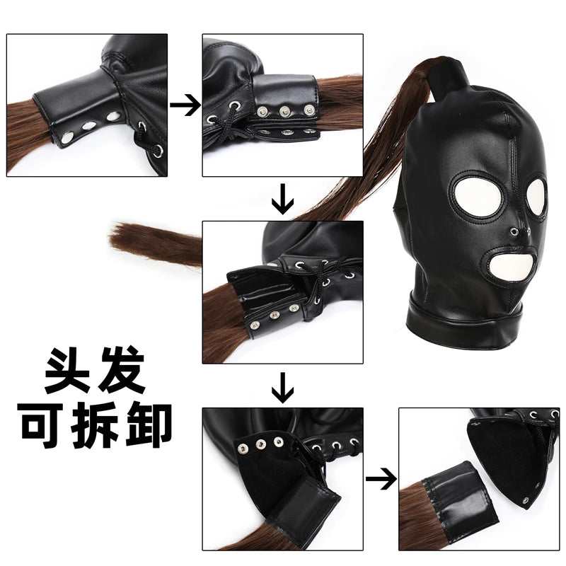 Adult Toys Sex Products Bdsm Mask Sex Toy Female Leather Head Mask with Wigs Slave Props Adult Games Sex Shop Toys for Adults 18
