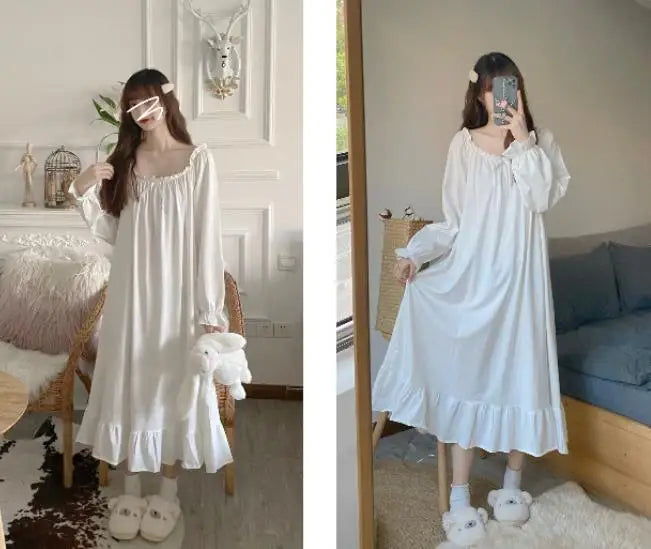 Spring Autumn Women's Sleepwear Night Dress Cotton Mesh Long Sleeve Home Wear Clothes Ladies Night Sleep Shirts Nightgown Woman