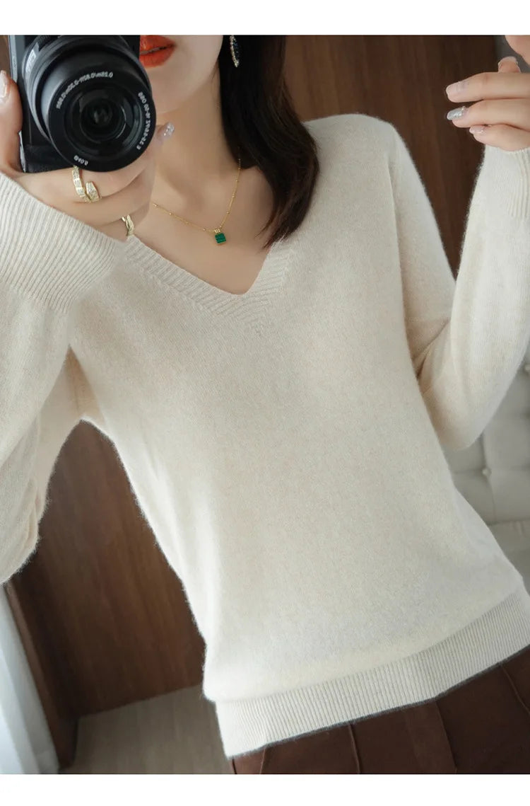 Women's Sweater 2025 Autumn Winter Knitted Pullovers V-neck Slim Fit Bottoming Shirt Solid Soft Knitwear Jumpers Basic Sweaters