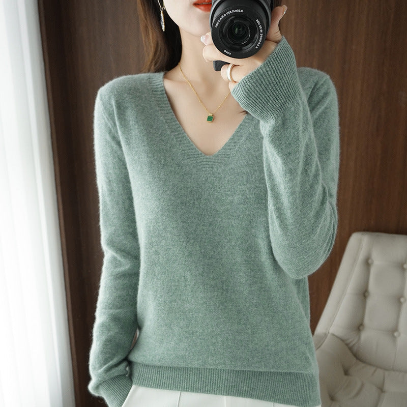 Women's Sweater 2025 Autumn Winter Knitted Pullovers V-neck Slim Fit Bottoming Shirt Solid Soft Knitwear Jumpers Basic Sweaters