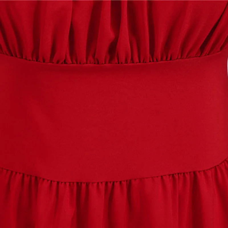 Women Vintage Dress Robe Elegant Party  Casual Office Midi Dress Femme Summer Puff Sleeve Square Collar Solid Red