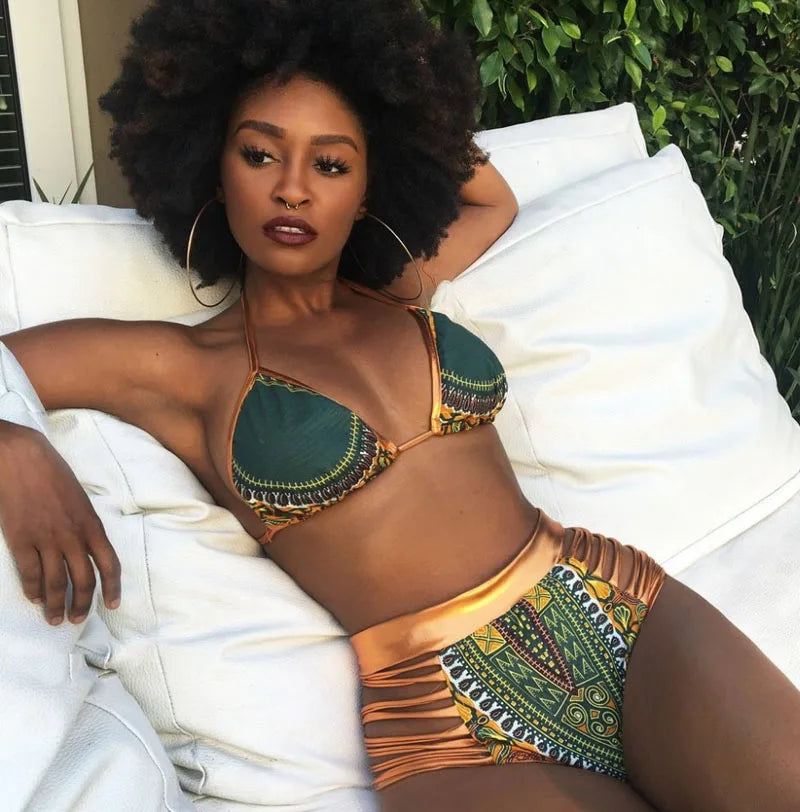 African Print Two-Pieces Bath Suits Bikini Set Sexy Geometric Swimwear Swimsuit Gold High Waist Swimming Suit