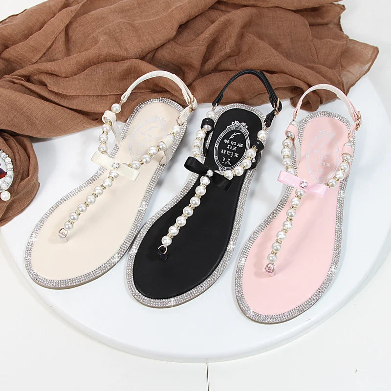 Women sandals 2025 new summer shoes flat pearl sandals comfortable string bead beach slippers casual sandals pink white black