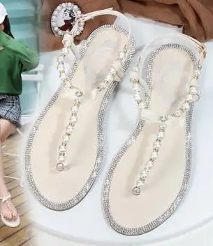 Women sandals 2025 new summer shoes flat pearl sandals comfortable string bead beach slippers casual sandals pink white black