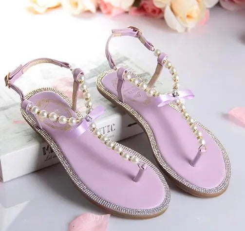 Women sandals 2025 new summer shoes flat pearl sandals comfortable string bead beach slippers casual sandals pink white black