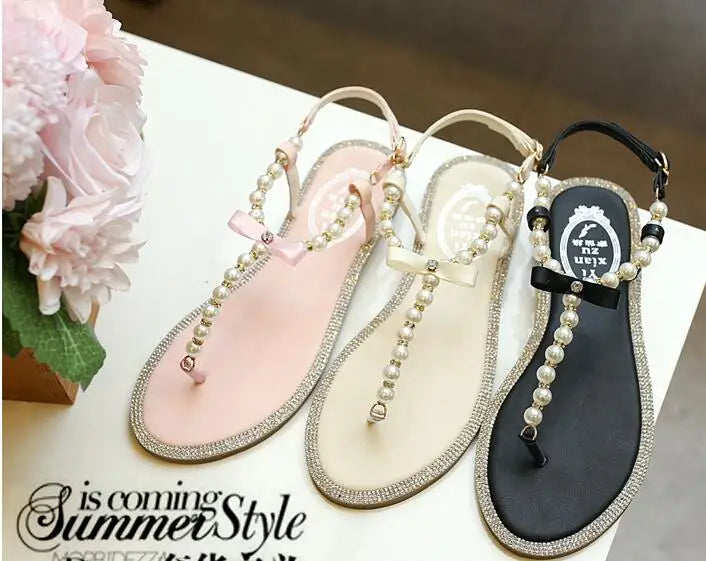 Women sandals 2025 new summer shoes flat pearl sandals comfortable string bead beach slippers casual sandals pink white black