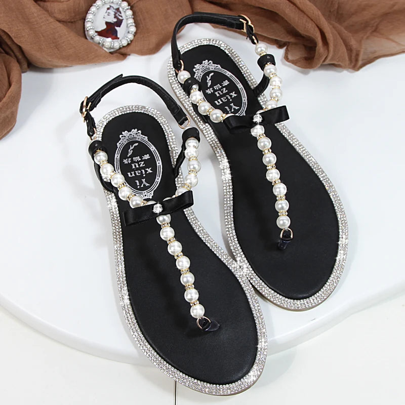 Women sandals 2025 new summer shoes flat pearl sandals comfortable string bead beach slippers casual sandals pink white black