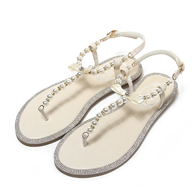 Women sandals 2025 new summer shoes flat pearl sandals comfortable string bead beach slippers casual sandals pink white black