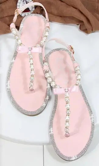 Women sandals 2025 new summer shoes flat pearl sandals comfortable string bead beach slippers casual sandals pink white black