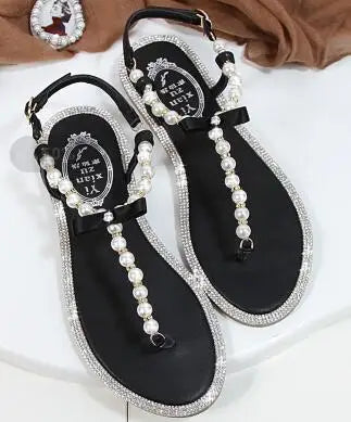Women sandals 2025 new summer shoes flat pearl sandals comfortable string bead beach slippers casual sandals pink white black