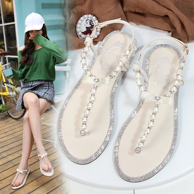Women sandals 2025 new summer shoes flat pearl sandals comfortable string bead beach slippers casual sandals pink white black