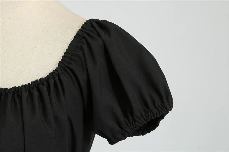 Women Vintage Dress Robe Elegant Party  Casual Office Midi Dress Femme Summer Puff Sleeve Square Collar Solid Red