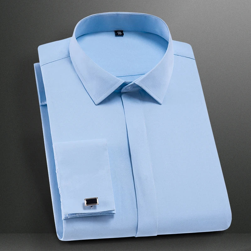 Lynett Lamar Men's French Cuff Tuxedo Dress Shirt — Covered Placket Long Sleeve with Cufflinks