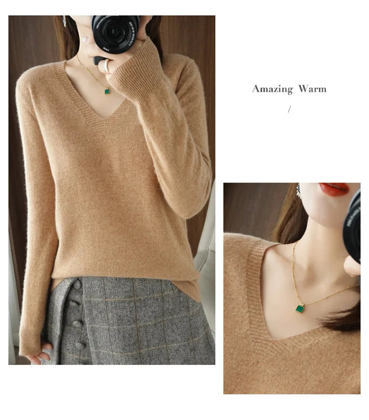 Women's Sweater 2025 Autumn Winter Knitted Pullovers V-neck Slim Fit Bottoming Shirt Solid Soft Knitwear Jumpers Basic Sweaters