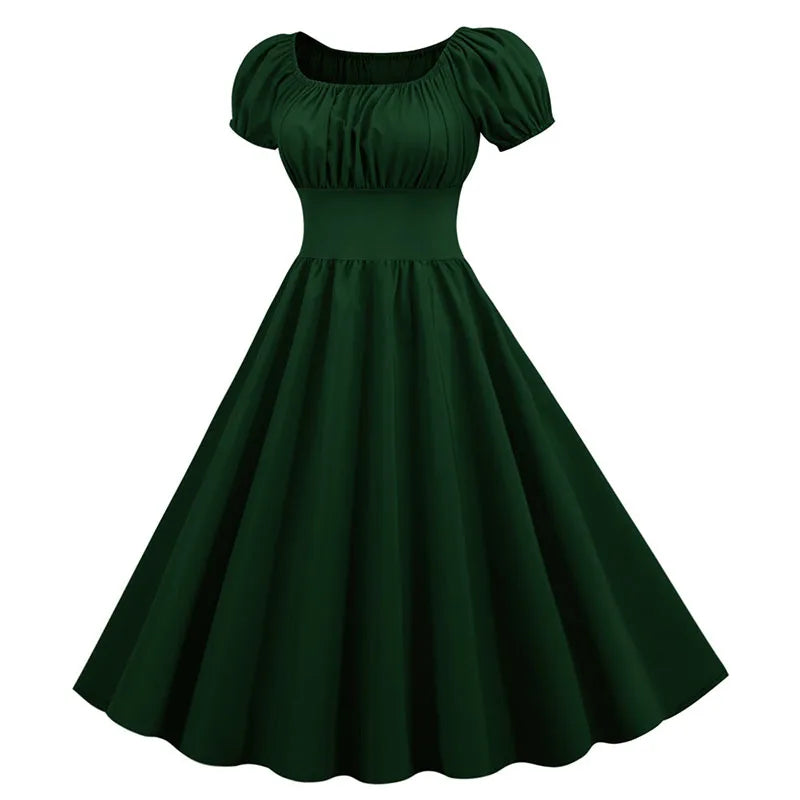 Women Vintage Dress Robe Elegant Party  Casual Office Midi Dress Femme Summer Puff Sleeve Square Collar Solid Red