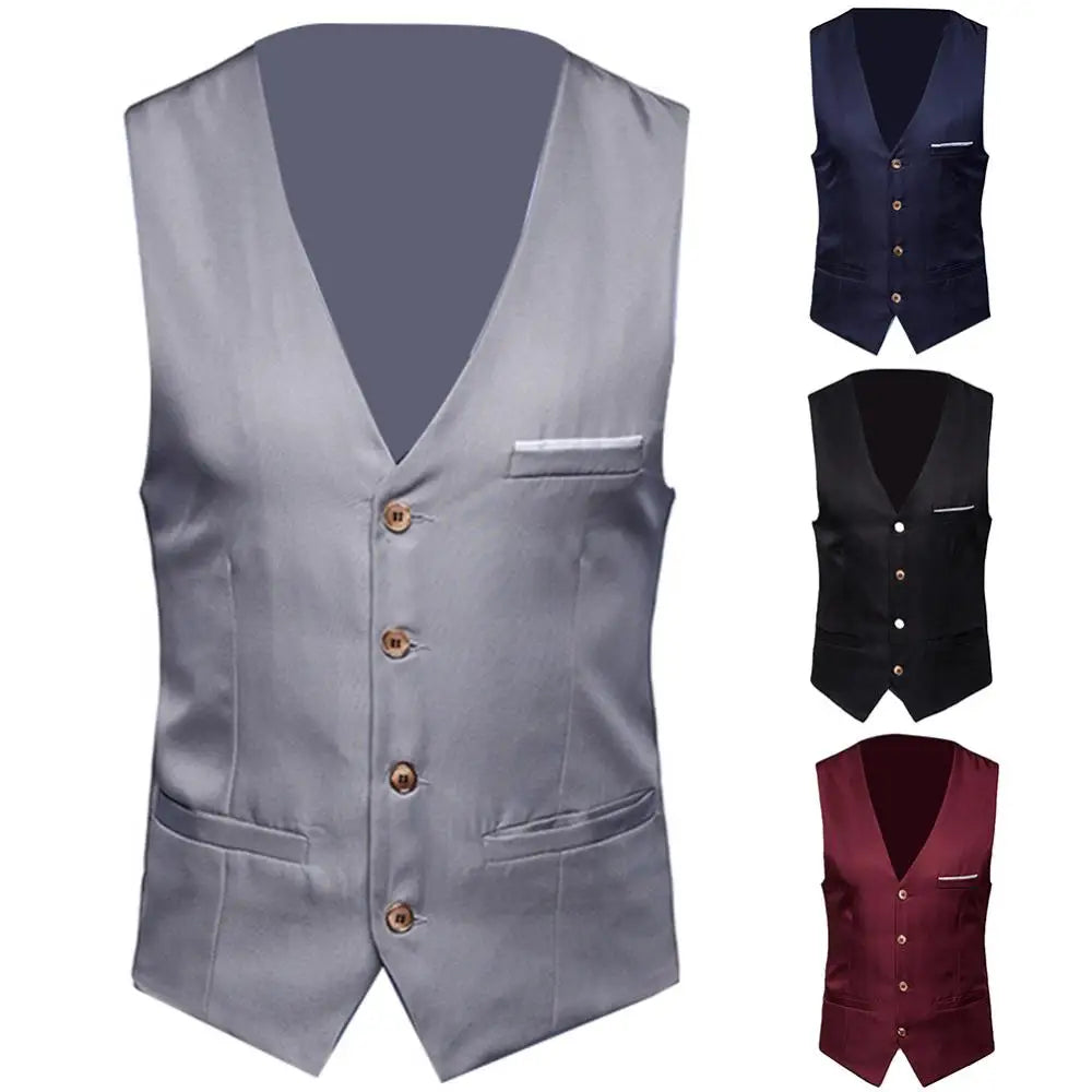 Men's Solid Colour Suit Vest — Single Breasted Formal Business Waistcoat S–6XL