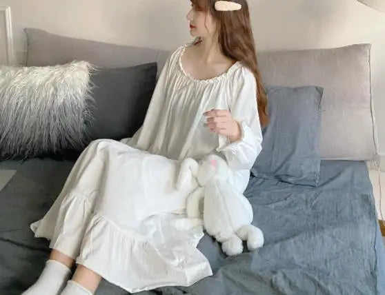 Spring Autumn Women's Sleepwear Night Dress Cotton Mesh Long Sleeve Home Wear Clothes Ladies Night Sleep Shirts Nightgown Woman