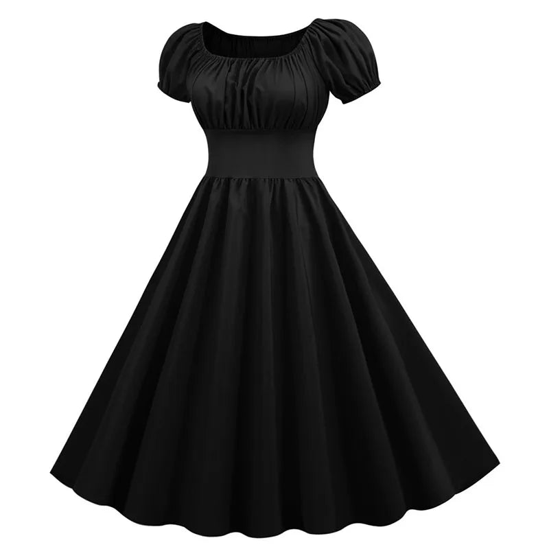 Women Vintage Dress Robe Elegant Party  Casual Office Midi Dress Femme Summer Puff Sleeve Square Collar Solid Red