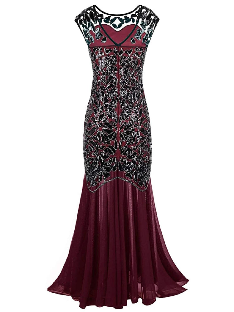 Vestidos Vintage Mujer Sequins Beading Long Evening Dresses Formal Round Neck Lace Long Sexy Women Party Special Occasion