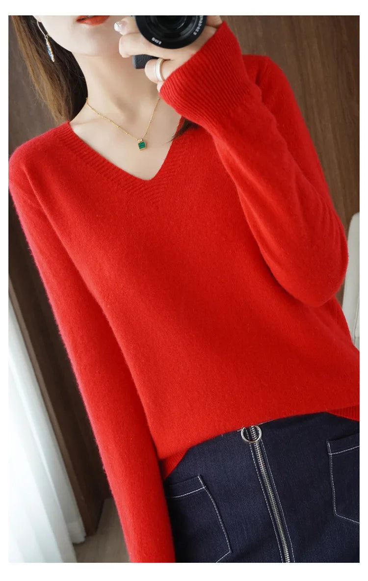 Women's Sweater 2025 Autumn Winter Knitted Pullovers V-neck Slim Fit Bottoming Shirt Solid Soft Knitwear Jumpers Basic Sweaters