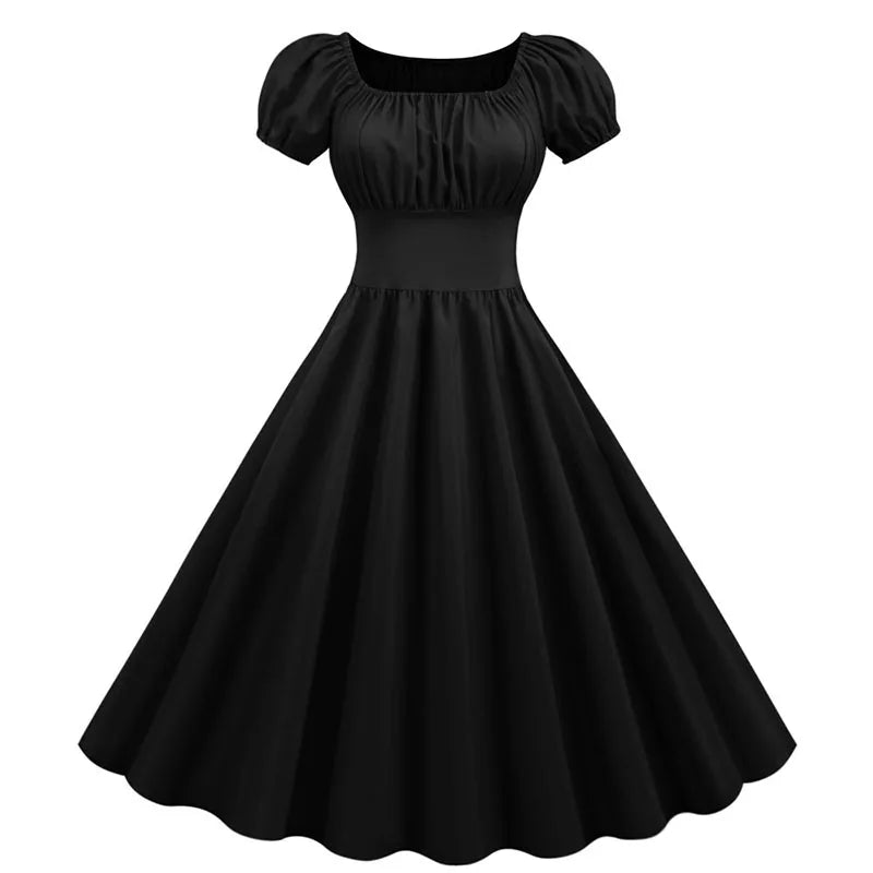 Women Vintage Dress Robe Elegant Party  Casual Office Midi Dress Femme Summer Puff Sleeve Square Collar Solid Red