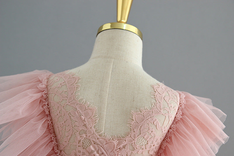 Backless Ruffles Lace Flare Sleeves Layered Princess Party Dresses