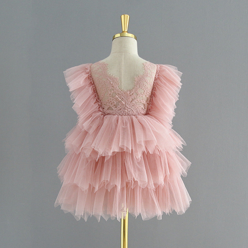 Backless Ruffles Lace Flare Sleeves Layered Princess Party Dresses