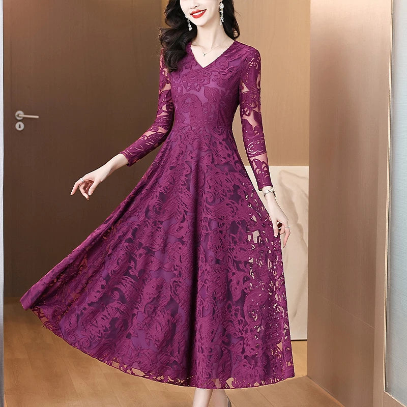 Women Vintage V-neck Lace Hollow Out Sexy Dress 2025 Elegant Bodycon Party Vestidos Spring Autumn Black Long Sleeve Midi Dresses