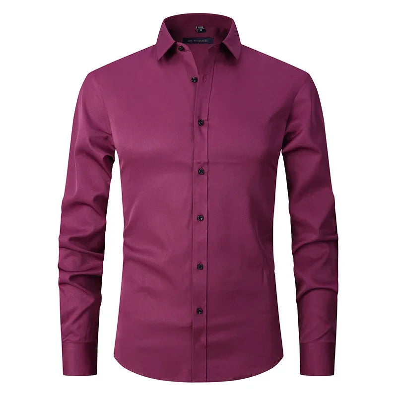 Men's Slim Fit Stretch Long Sleeve Dress Shirt — Square Collar Elegant Business Social
