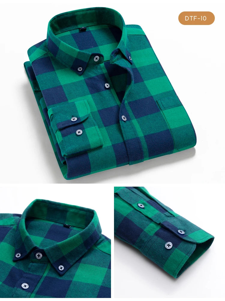 Men's Button Down Collar Contrast Plaid Pure Cotton Flannel Shirt with Left Chest Pocket Slim Fit Comfort Casual Brushed Shirts