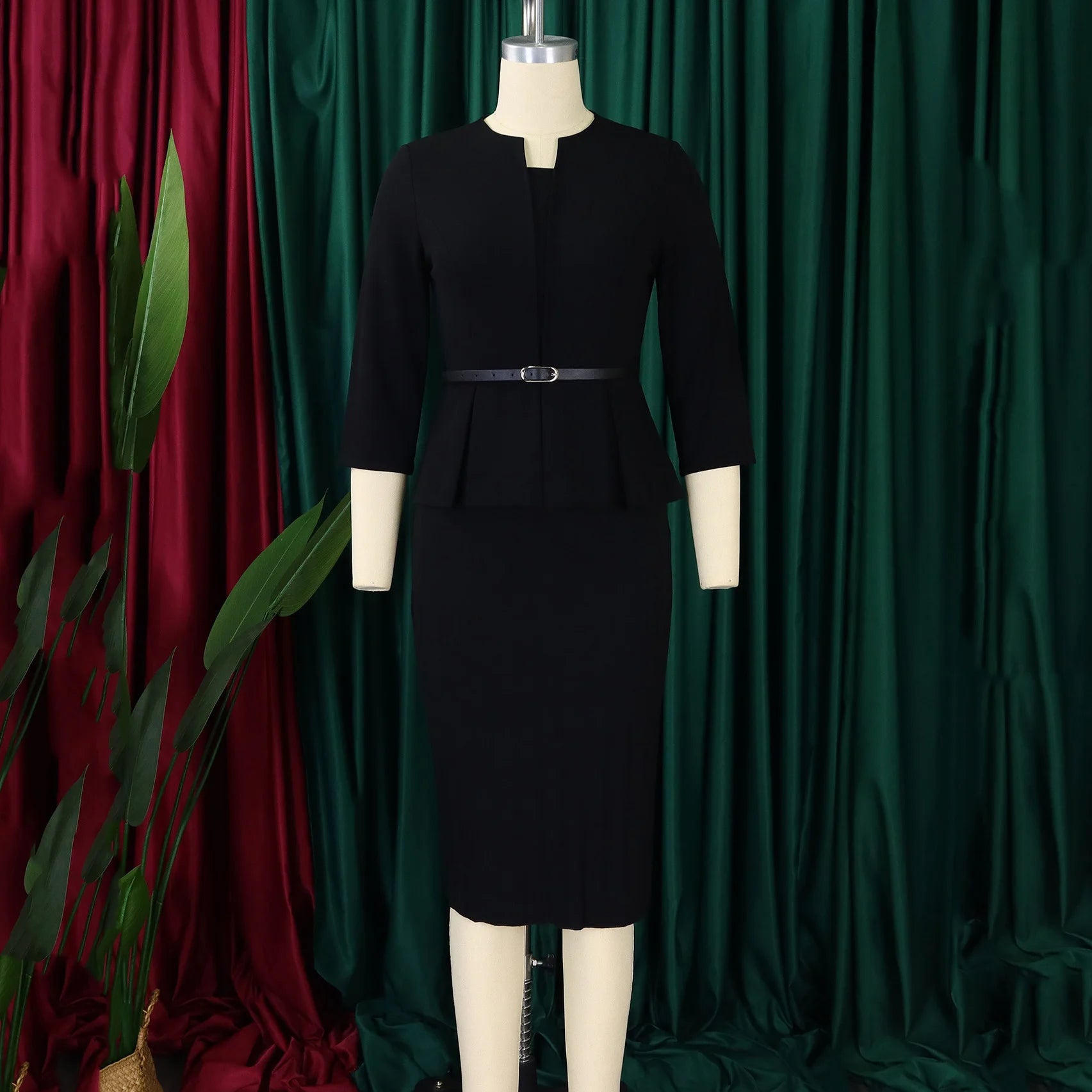 Elegant Office Dress for Women Professional 2024 New V Neck Three Quarter Sleeve Belt Waisted Mid Calf Formal Business Work Robe