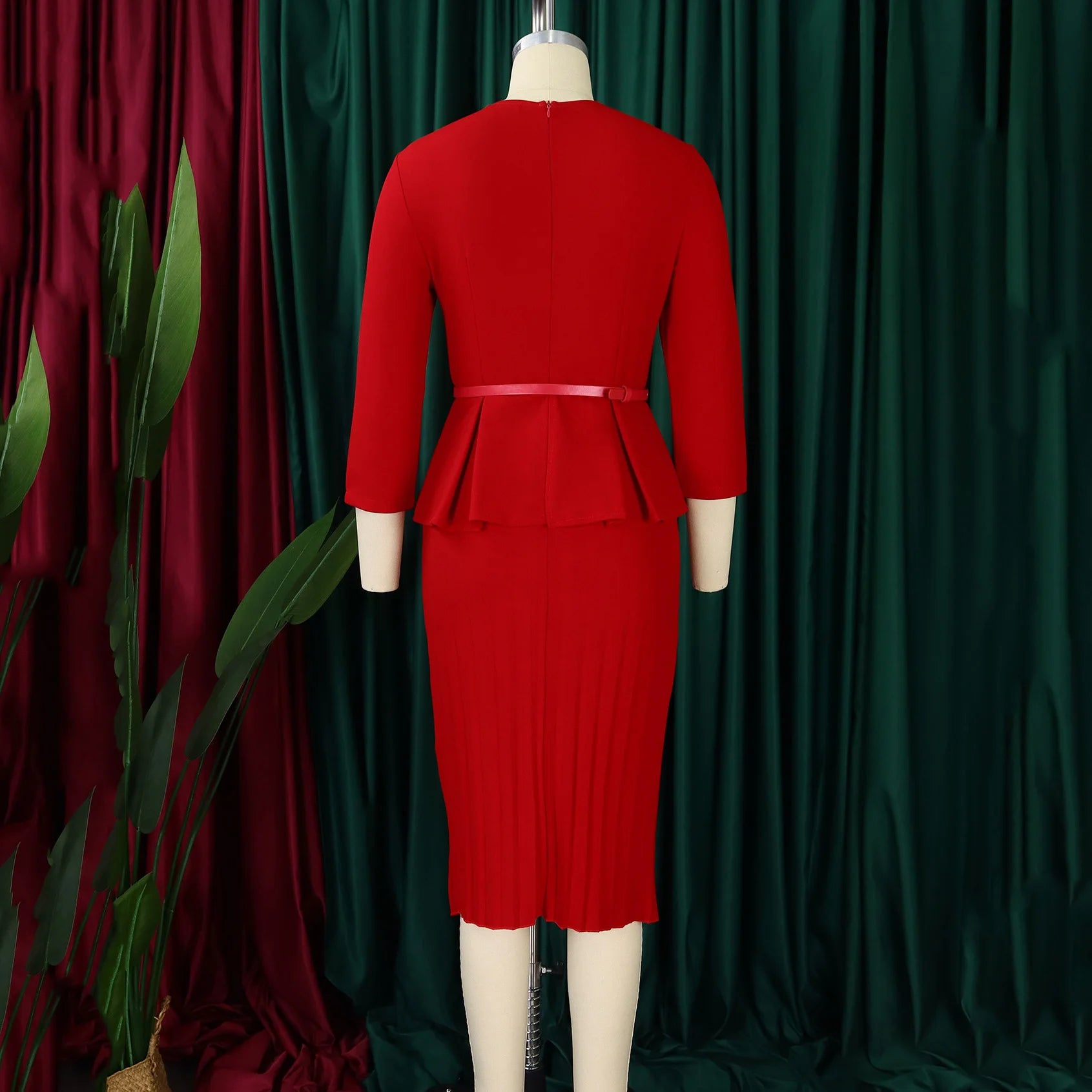 Elegant Office Dress for Women Professional 2024 New V Neck Three Quarter Sleeve Belt Waisted Mid Calf Formal Business Work Robe