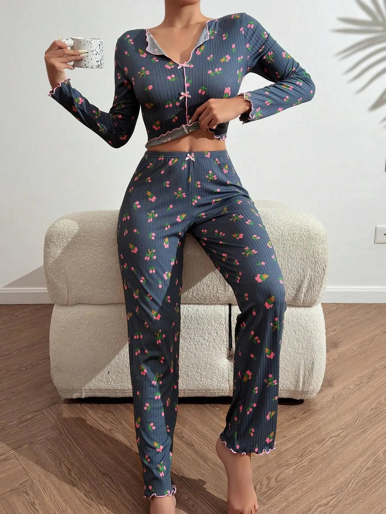European and American hot-selling loungewear printed trousers long sleeves can be worn outside women's pajamas two-piece set