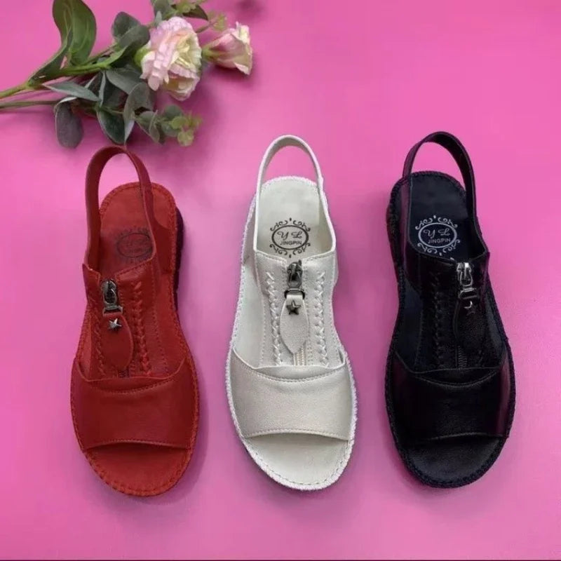 2025 Summer Women Sandals Red Flat Sandals Shoes for Women Leather Peep Top Mom Shoes Zip Slip on Sandalias De Mujeres En Oferta