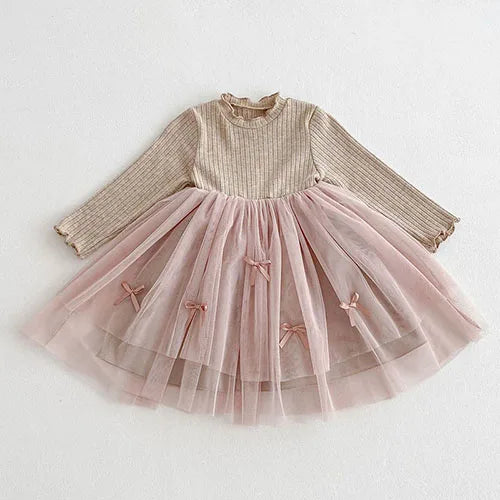 2025 New Spring Sister Dress 2-6Yrs Girl Party Dress Long Sleeved Cotton Mesh Splicing Kids Princess Dresses Children Clothes