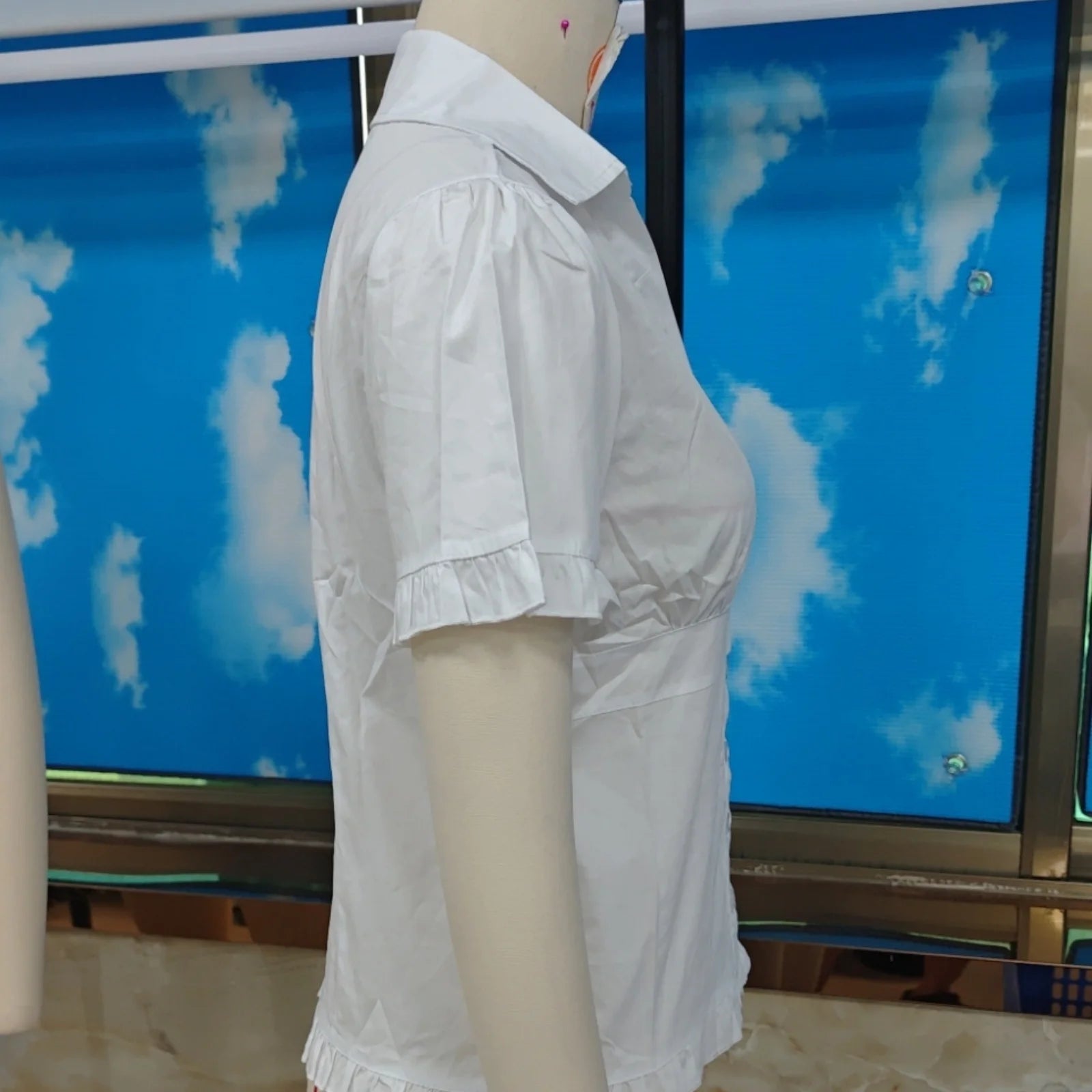 Summer Button Down Shirt for Women Casual Stylish Solid Color Ruffled Trim Slim Fit Short Sleeve Slim Fit Tops