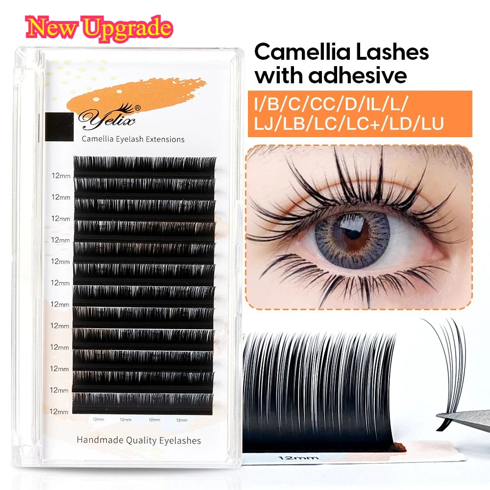 Yelix Camellia Lashes with Adhesive LC LB LJ C D Curl Eyelashes Natural Soft Eyelash Extensions Russian Volume Individual Lashes