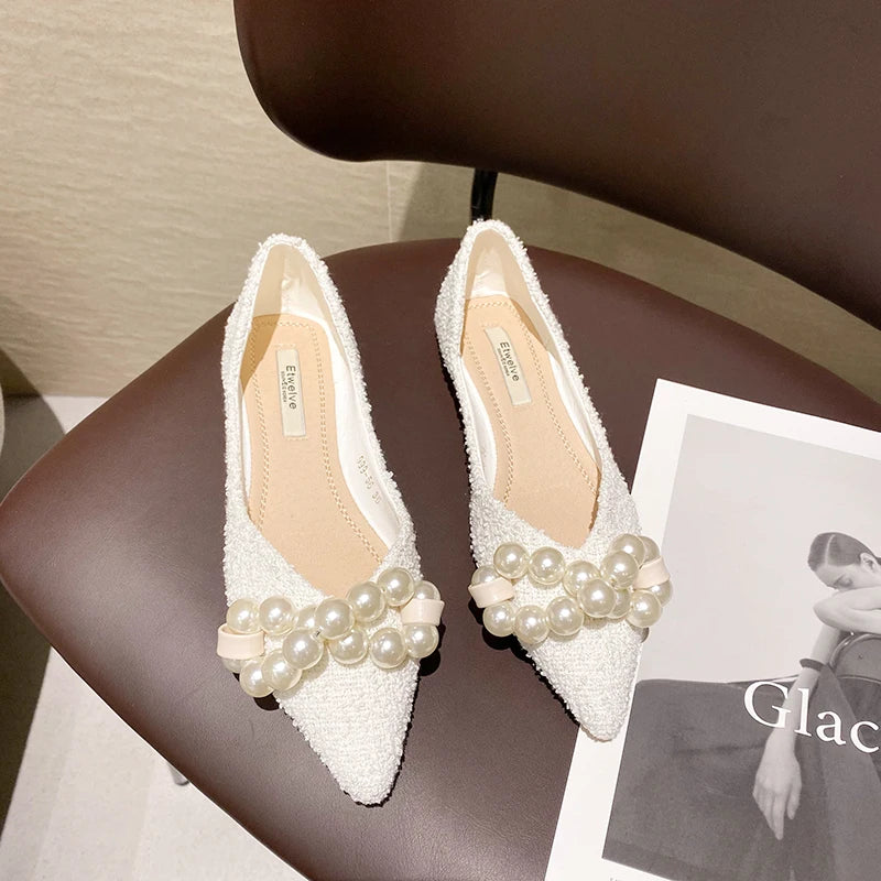 Flat Shoes for Women 2025 Spring Summer New Big Pearls Green White Women Flats Slip on Casual Loafers Zapatillas Mujer 44 45 46