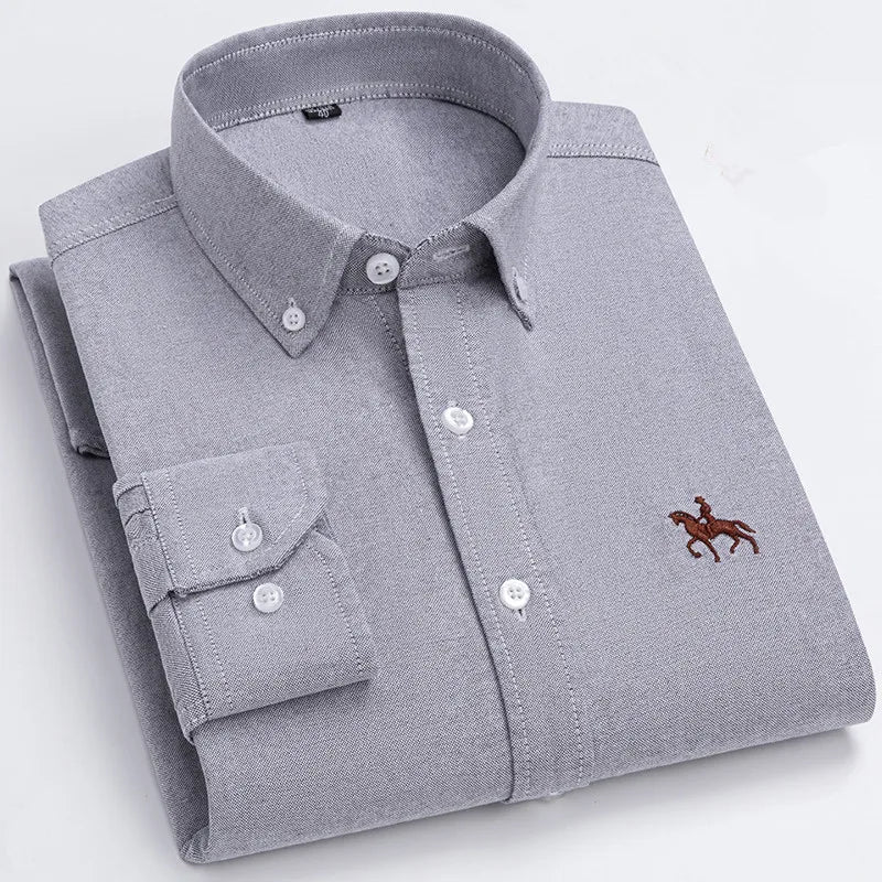 Men's 100% Cotton Oxford Washed Long Sleeve Dress Shirt — Embroidered Business Casual