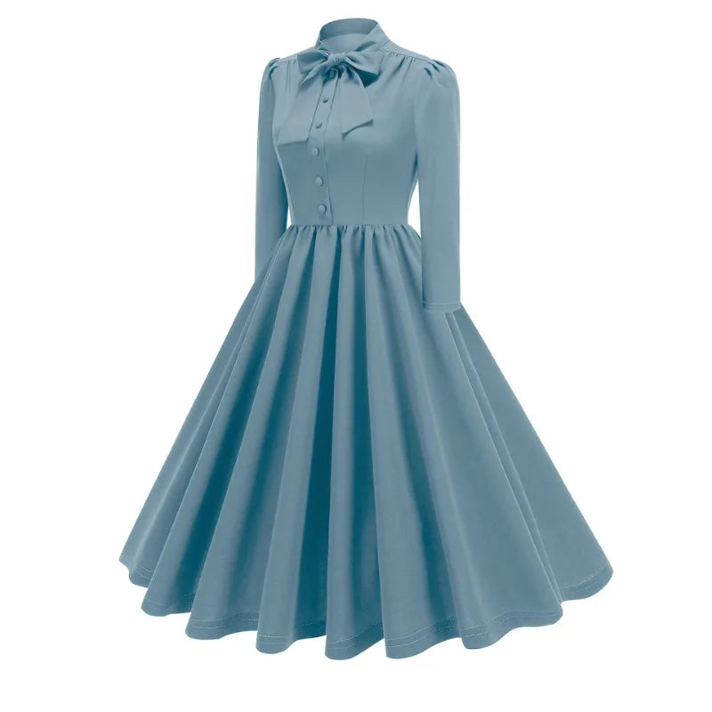 2024 New Fashion Robe Vintage Summer Dresses Elegant Women Swing Short Sleeve Bow Tie Collar Rockabilly Party Prom Office Dress
