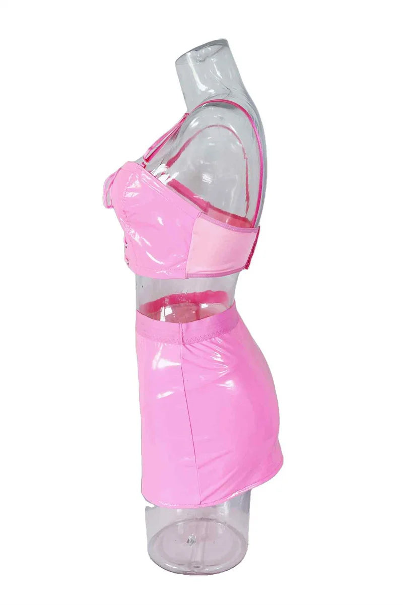 New Fashion Spicy Girl Sexy Two Pieces PU Lingerie Set Adult Lady Night Club Party Hot Costumes Stylish Street Wear Mini Skirt
