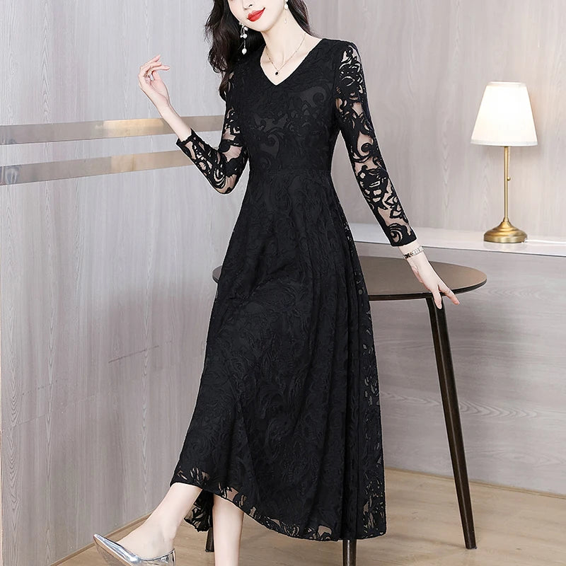 Women Vintage V-neck Lace Hollow Out Sexy Dress 2025 Elegant Bodycon Party Vestidos Spring Autumn Black Long Sleeve Midi Dresses