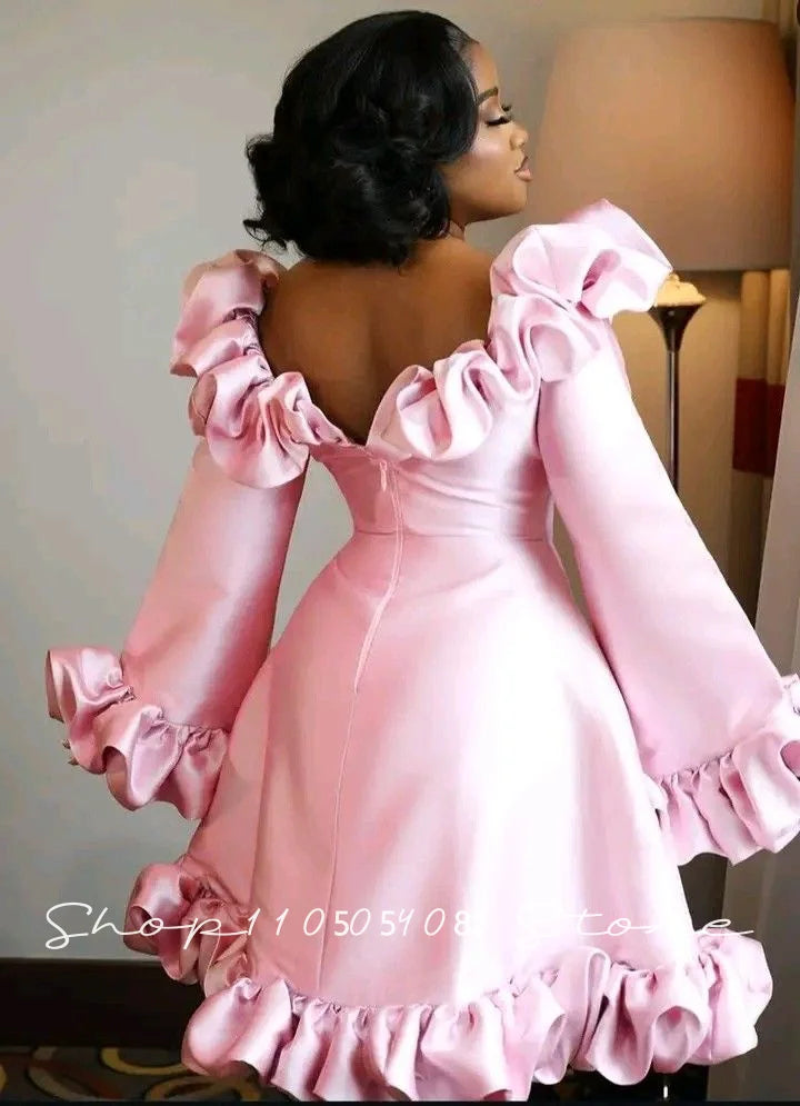 Pink Formal Evening Dresses Bell Sleeves Pleats Button Detail Elegant Women Short Party Luxury Prom Dress 2026 Customized