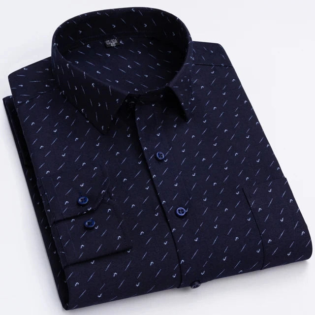 Men's Printed Plaid & Stripe Long Sleeve Casual Shirt — Single Pocket Business Formal Four Seasons