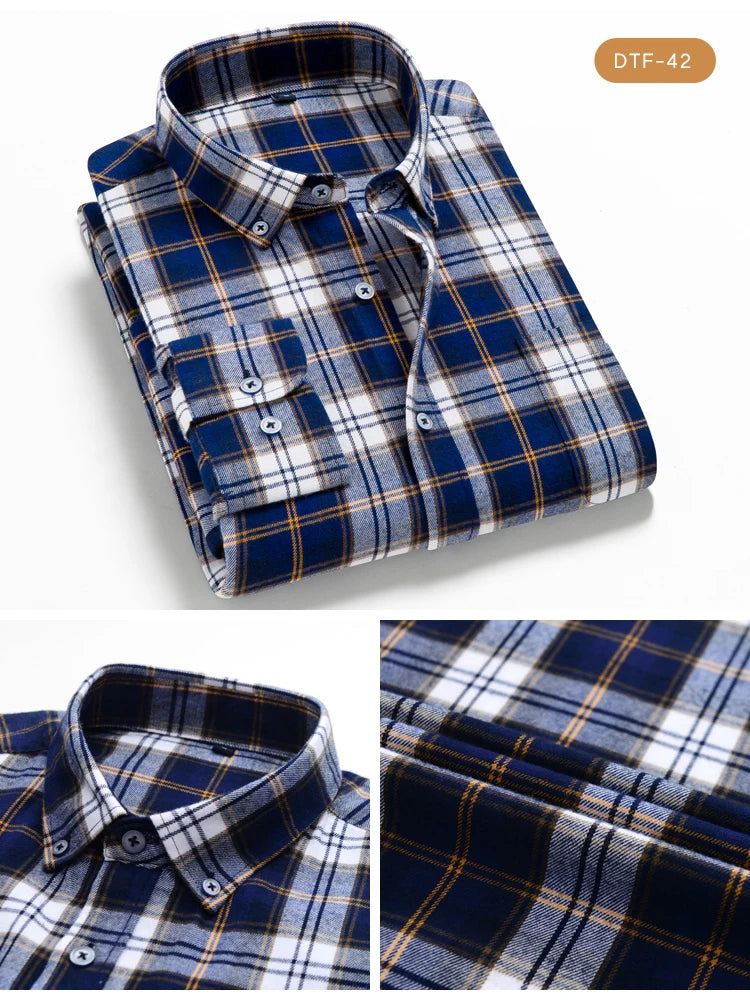 Men's Button Down Collar Contrast Plaid Pure Cotton Flannel Shirt with Left Chest Pocket Slim Fit Comfort Casual Brushed Shirts